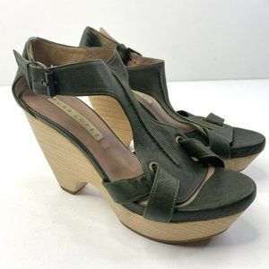 Pura Lopez Womens Size 38 Wooden Block Heel Clog Shoes Green Leather